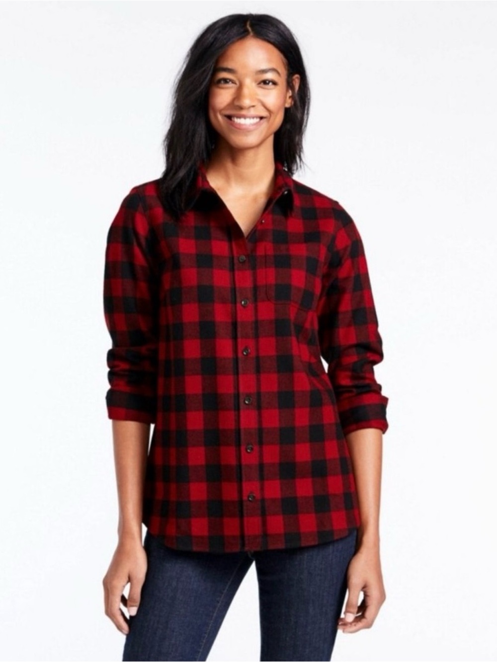 L.L.Bean 100% Cotton Red and Black Buffalo Check Flannel Slightly Fitted Shirt